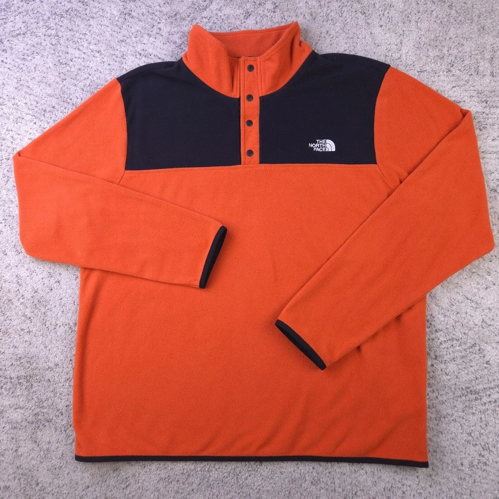 The North Face Sweater Mens XL Fleece Pullover Snap Neck Orange Logo Mock Neck